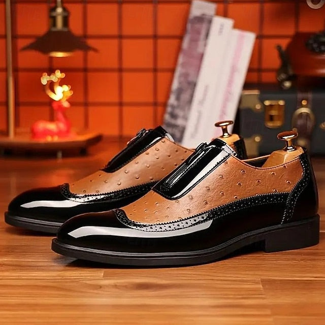 Patent Black Formal and Colorblock Men's Tan Shoes with