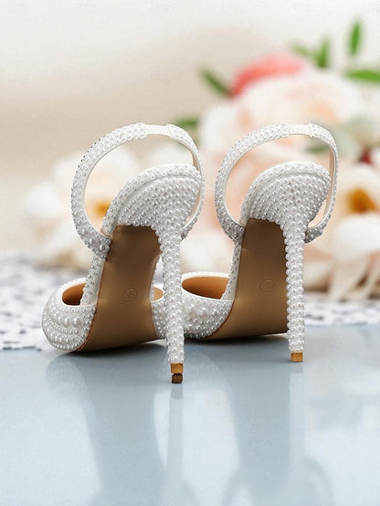 Heels - Slingback Leather White Women's Pearl-Embellished