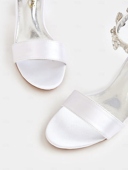 Floral Sandals Block Heel Bridal Ankle White Satin Strap with