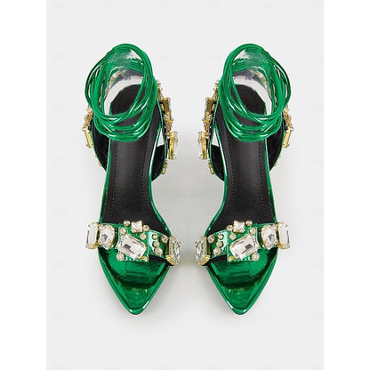 Stiletto Green Women's Heels Lace-Up with Metallic