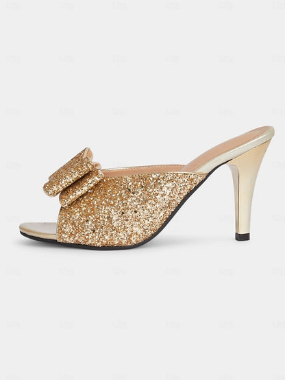 Bow Glamorous – Gold Women's Mules Stiletto Glitter Party