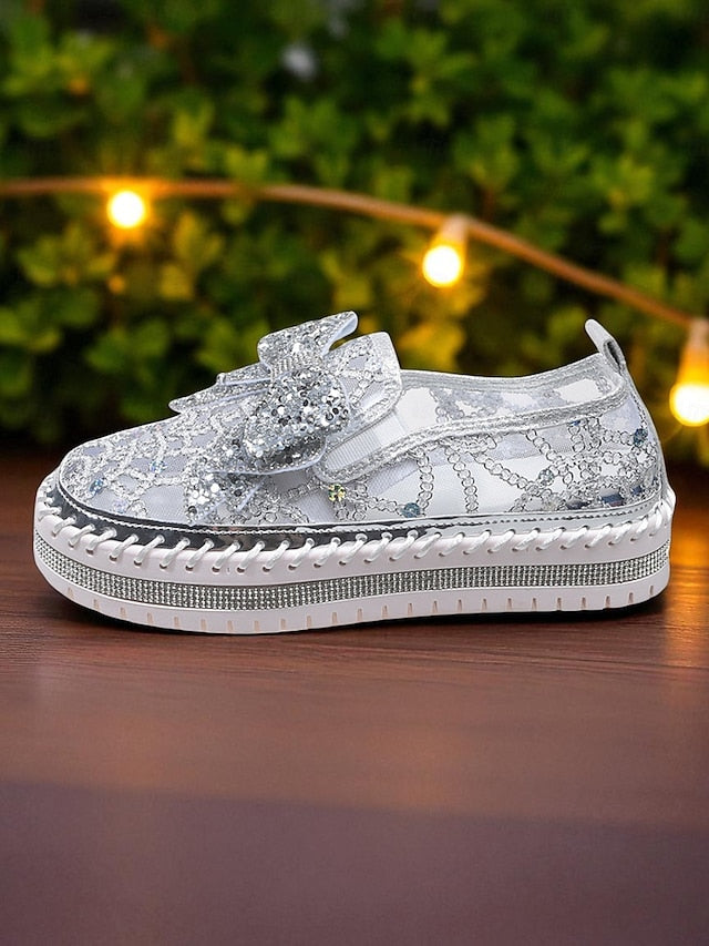 Women's Bow Black Lace Rhinestone with Slip-On Shoes