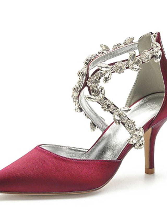 Heels Satin Women's White Pointed Crystal Strap – Elegant