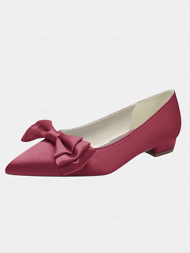 Satin Toe Pointed Green Bow Elegant - Women's Flats