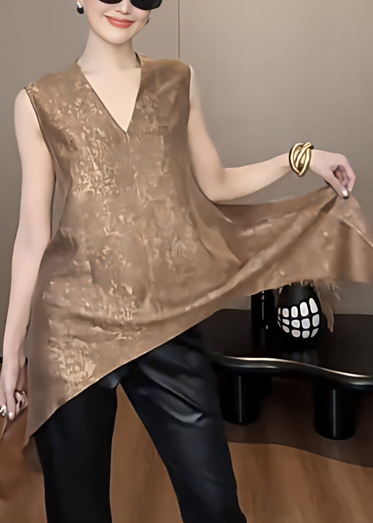 Elegant Khaki V Neck Asymmetrical Solid Silk Tank Sleeveless QP052