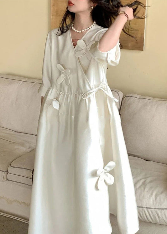 Hals Chic Sommerkleid Lang V Spitze Blumen Baumwolle Weiß Up 