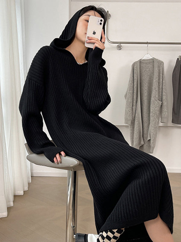 Stylish Apricot V-neck Hooded Long Sleeve Striped Knit Dress AN1044