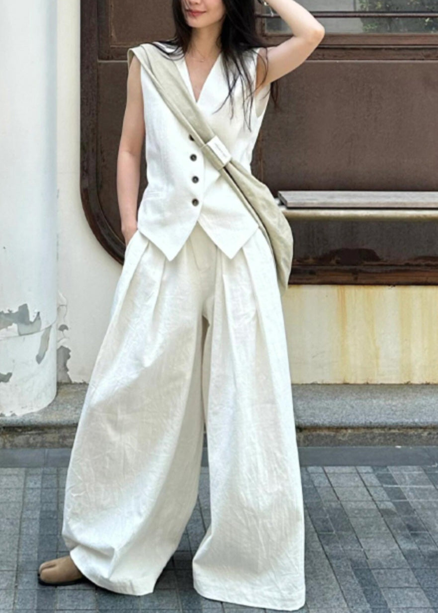 Vogue White V Neck Button Linen Waistcoat And Wide Leg Pants Two Piece Set Summer AN1030