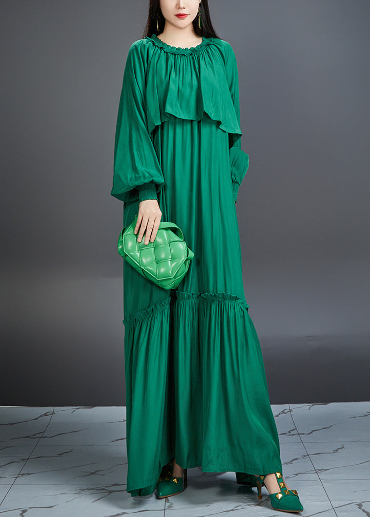 Italian Green Ruffled Pockets Tie Waist Cotton Maxi Dress Fall AJ1028