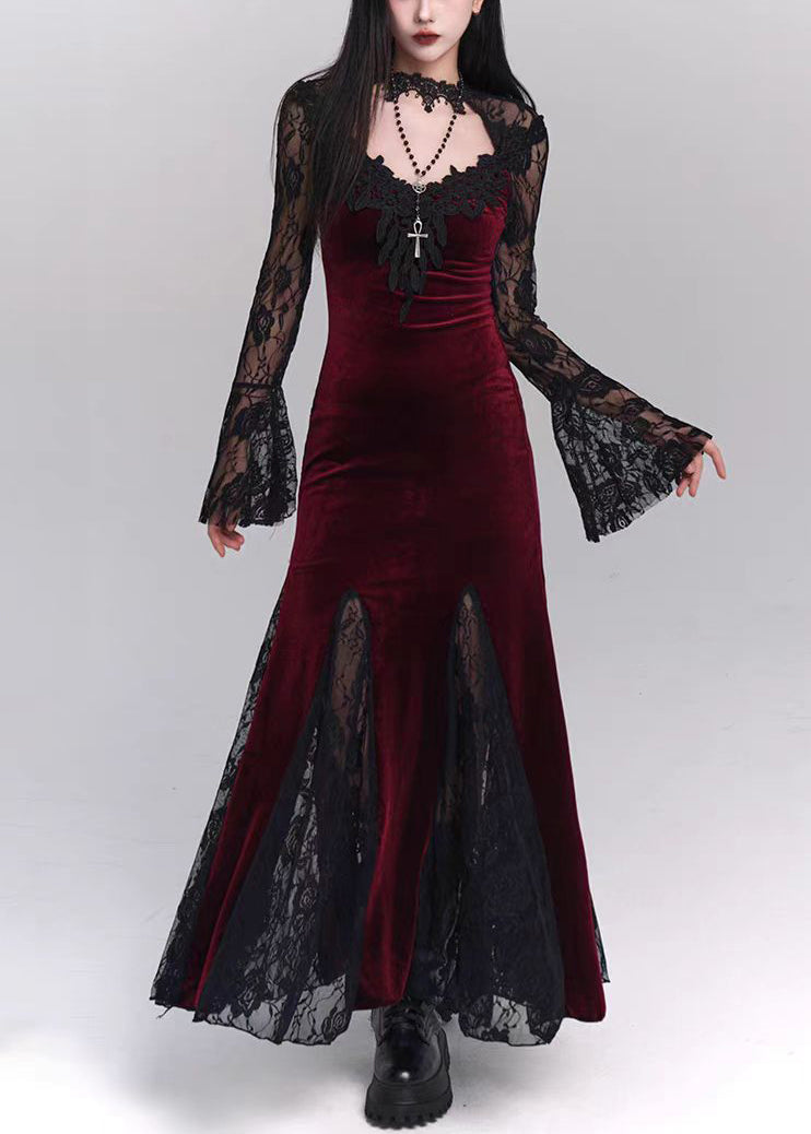 Seide Bohemian Kleider Patchwork Samt Schwarz Hohl Spitze Maxi Out 