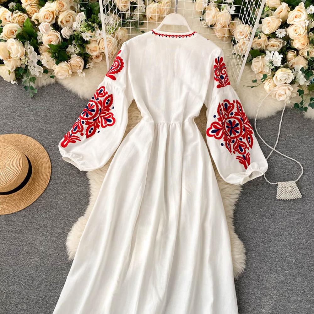 Bohemian Navy O-Neck Lacing Embroidered Flower Lantern Sleeve A-line Dress AR1011