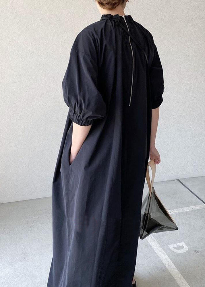 Marineblaues Kleid mit Reißverschluss hinten, halbe Damen-Baumwolle, Maxiärmel 