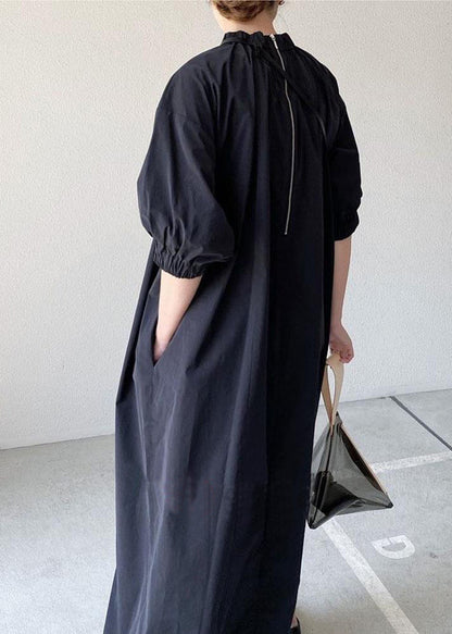 Marineblaues Kleid mit Reißverschluss hinten, halbe Damen-Baumwolle, Maxiärmel 