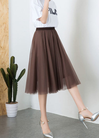 Jupe plissée en tulle à taille haute et ourlet extra large marron tendance printemps TT1034 