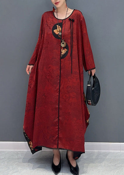 Robe longue en soie rouge à col rond et manches longues de style chinois AO1057 