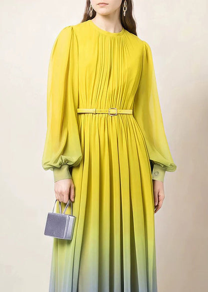 Kleid Herbst Knopf Chiffon Farbverlauf Faltig Farbe Knöchel Italienisch 