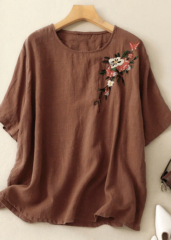 Grace Khaki O Neck Embroidered Linen T Shirts Summer QR018