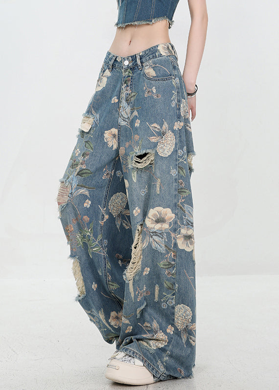 Pantalon d'été bleu unique en denim à imprimé troué 