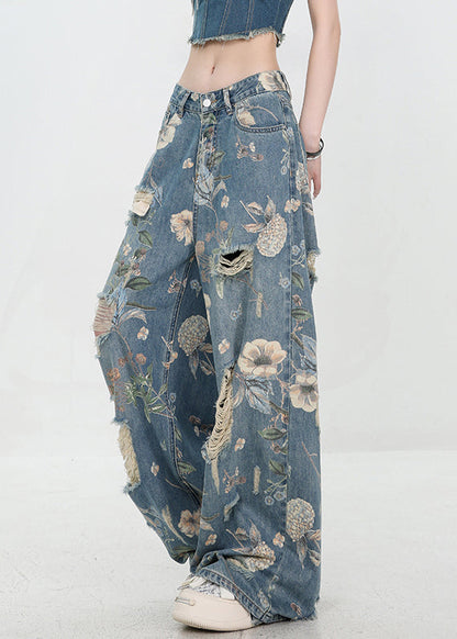 Pantalon d'été bleu unique en denim à imprimé troué 