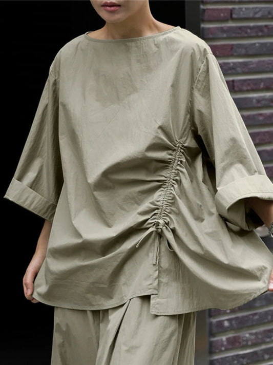 Lässiges Baumwolltop mit Kordelzugärmeln in Khaki, halb asymmetrisch 