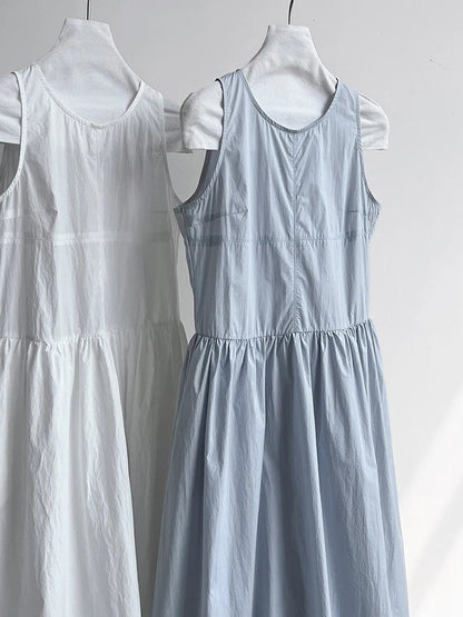 Patchwork-Kleid mit O-Ausschnitt, schlicht, ärmellos, blau, Puffsaum 