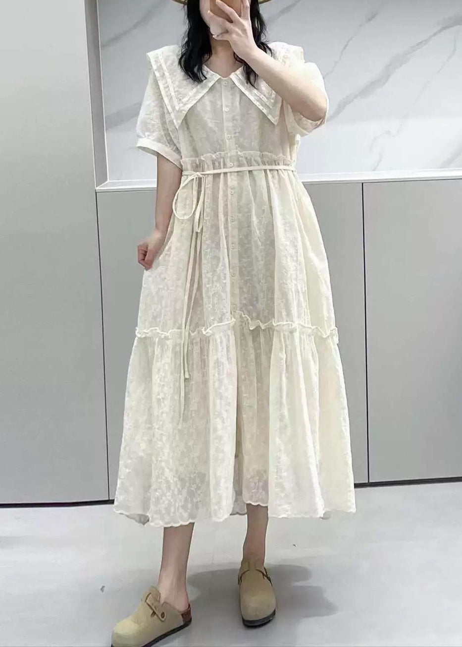 Elegant Apricot Ruffled Button Cotton Shirts Dresses Summer NN033