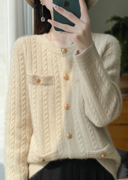 Style Beige O Neck Pockets Button Woolen Cardigans Winter RY017