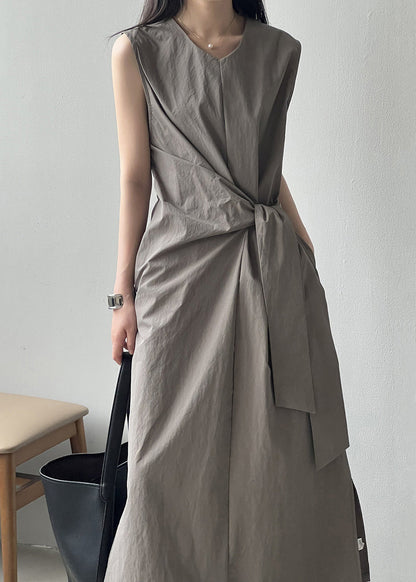 Taschen Grau V Baumwolle Lange Ärmelloses Design Kleid Hals Original 