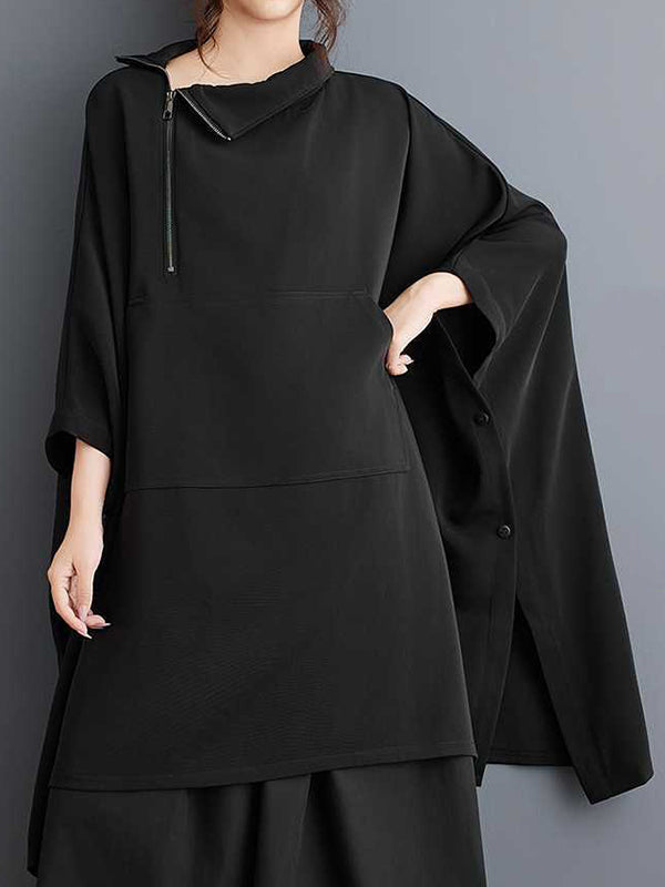 Simple Loose Black Mock Neck With Zipper Buttoned Pockets Batwing Sleeves Sweatshirt WS016