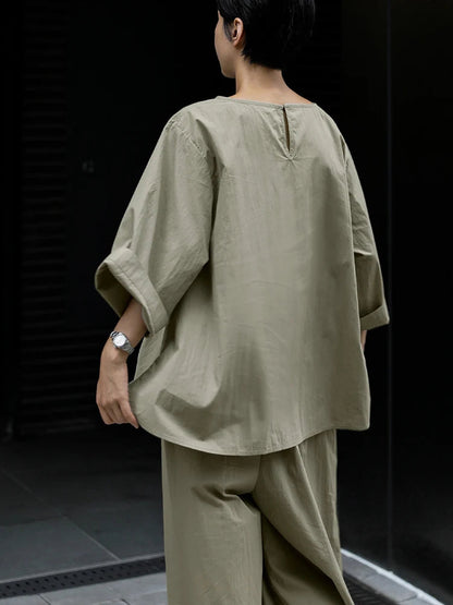 Lässiges Baumwolltop mit Kordelzugärmeln in Khaki, halb asymmetrisch 