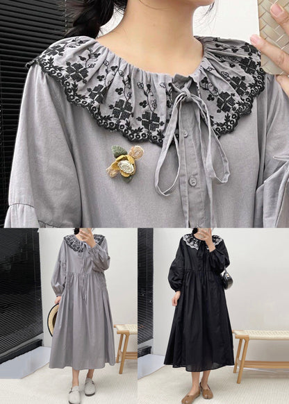 Robe en coton froissée à boutons gris brodée à manches longues NN031 