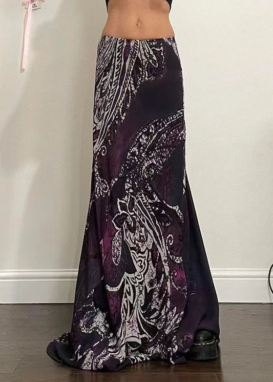Purple Print Spring Bohemian Draping Line A Skirt