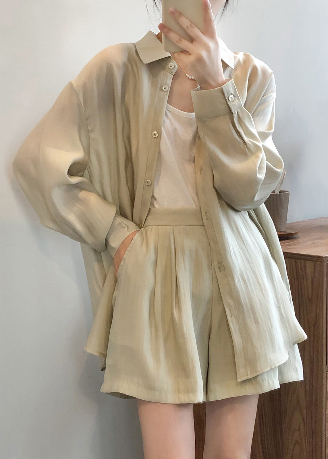 Ensemble deux pièces en dentelle légère et soie pour femme, vert uni, printemps 