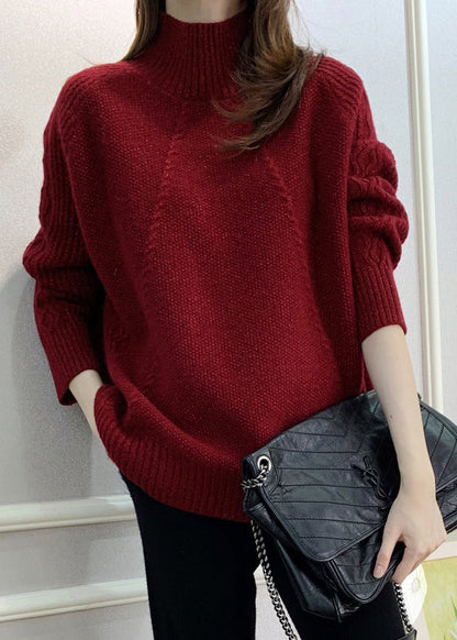 Pull en tricot de coton confortable à col roulé rouge pour femme Automne QX033 