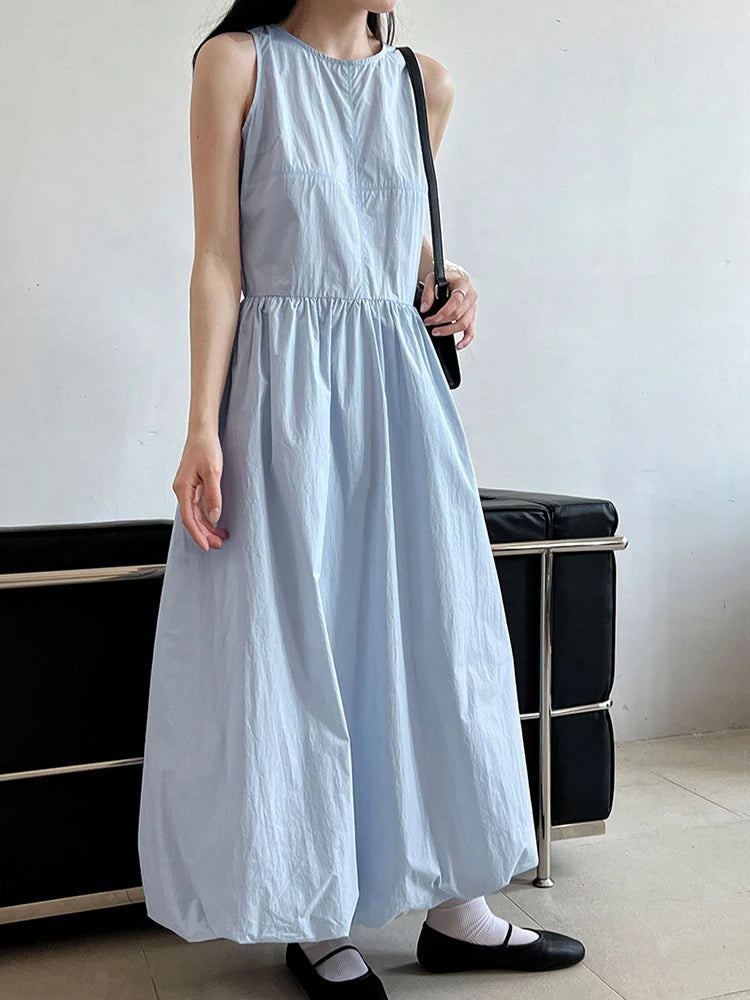 Patchwork-Kleid mit O-Ausschnitt, schlicht, ärmellos, blau, Puffsaum 