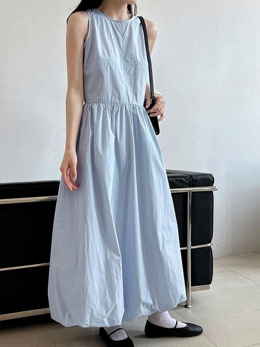 Patchwork-Kleid mit O-Ausschnitt, schlicht, ärmellos, blau, Puffsaum 