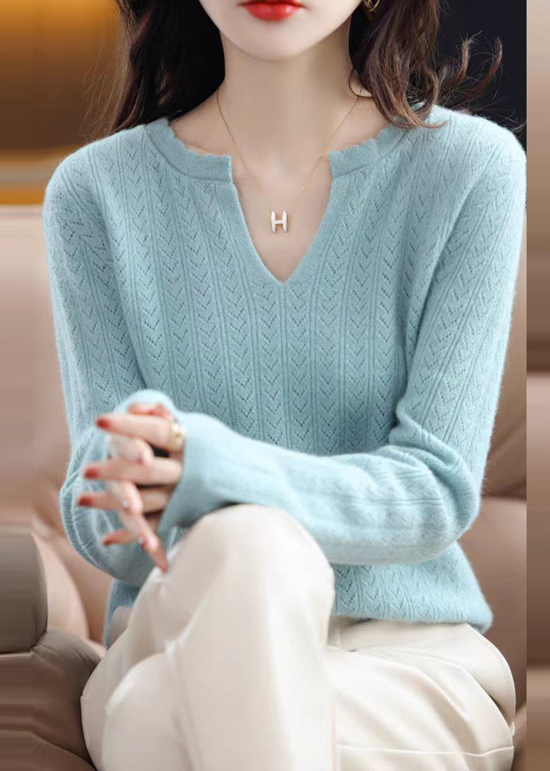 Simple White V Neck Ruffled Cotton Knit Sweaters Fall QP019