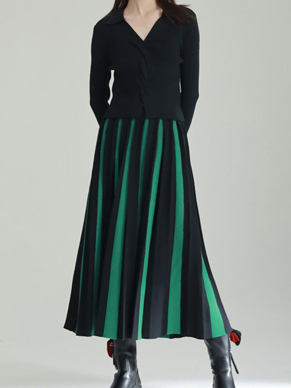 A-line Pleated Retro Skirt Knit Contrast White Color