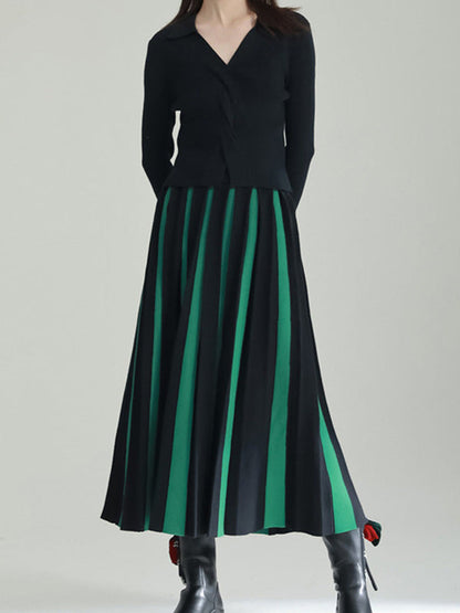 A-line Pleated Retro Skirt Knit Contrast White Color
