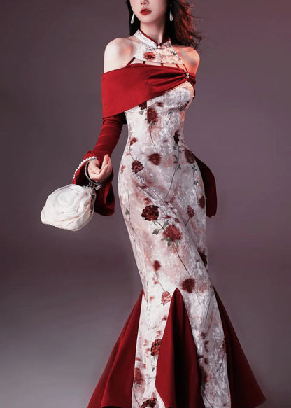 Samtdruck Patchwork Fishtail Chic Seide Rot Flare Kleider 