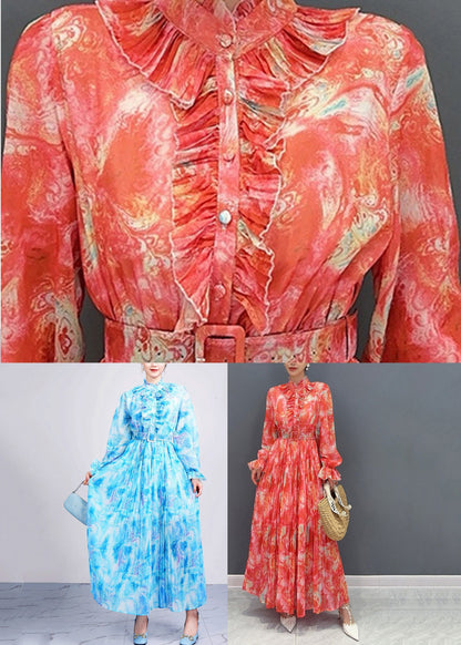 Kragen Print Mode Lange Stand Chiffon Schärpen Kleid Rot