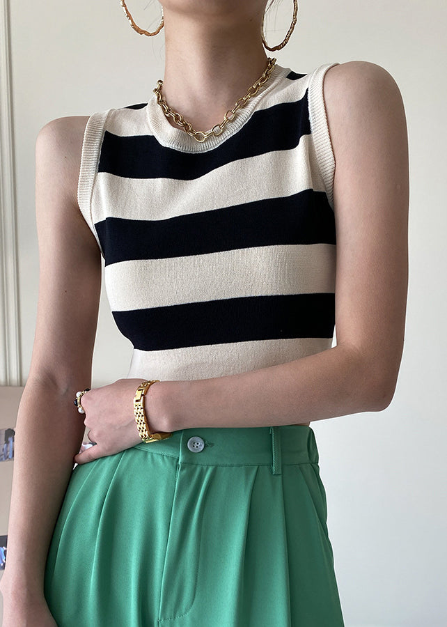 Black Striped Cozy Knit Tank O Neck Summer AF1050