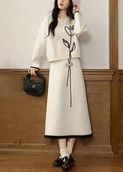 Stylish Beige O Neck Sweaters And Skirts Knit Two Pieces Set Winter WV012