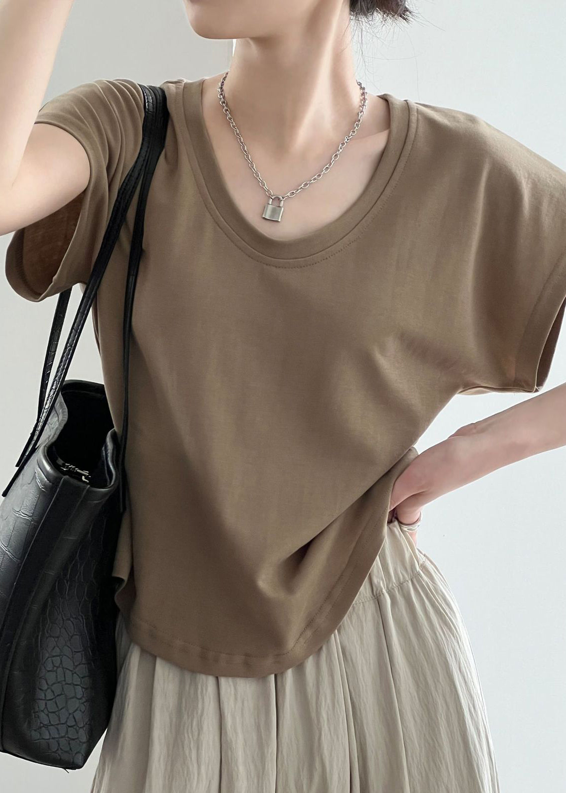 Sommer Solide Einfache Kaffee T Neck O Shirt Baumwolle 