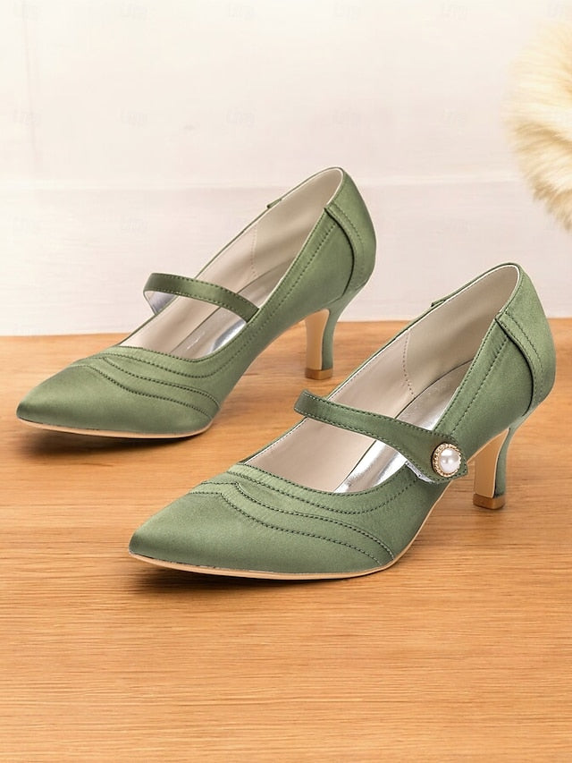 Elegant Green Heels - Button Satin Jane Pearl Mary with