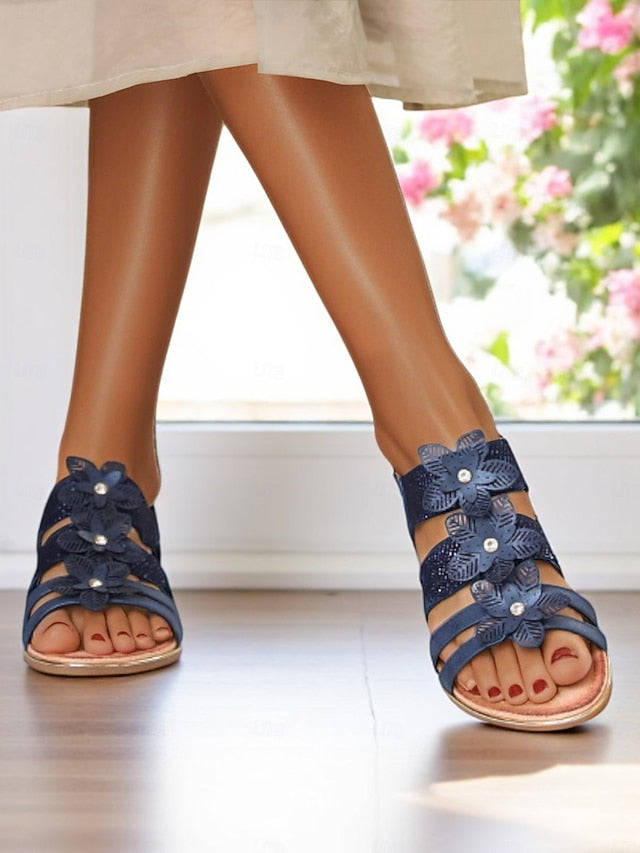 Women's Beige Sandals Floral Flat Elegant – Rhinestone