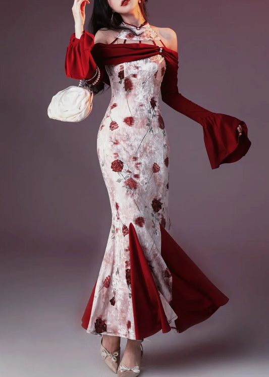 Samtdruck Patchwork Fishtail Chic Seide Rot Flare Kleider 