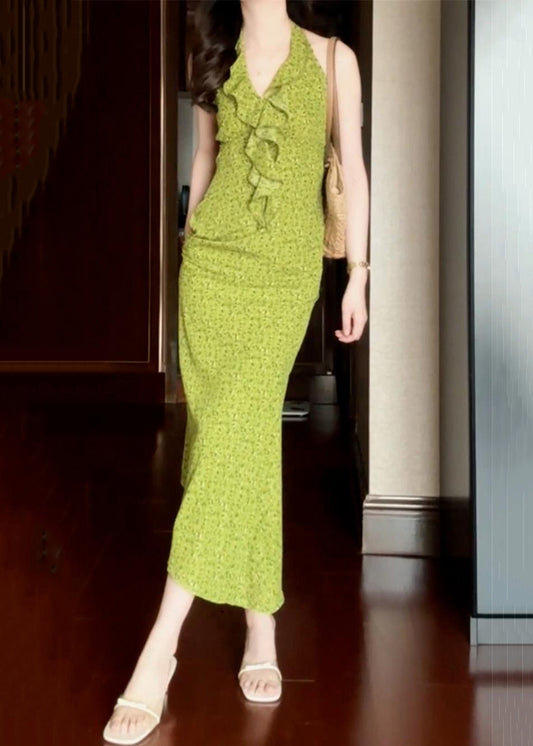 Nouvelle robe imprimée à volants en coton vert sans manches longue 