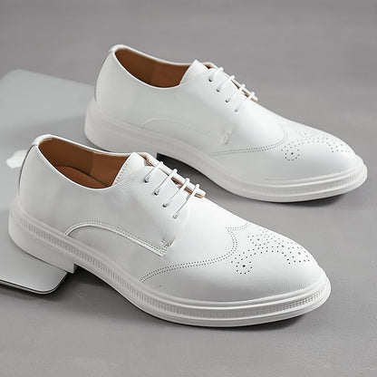 Oxford Leather White Men's Shoes with Perforated Faux