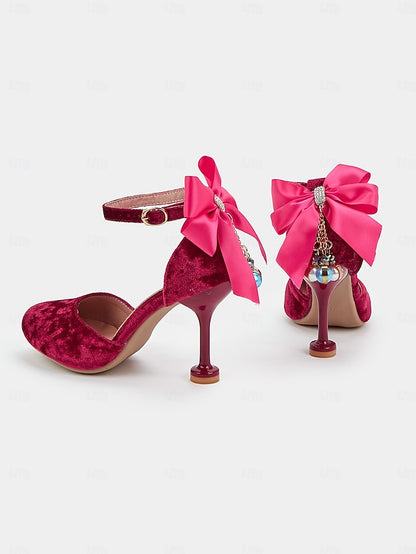 Women's with Burgundy Big Bow Jane Mary and Velvet Heels